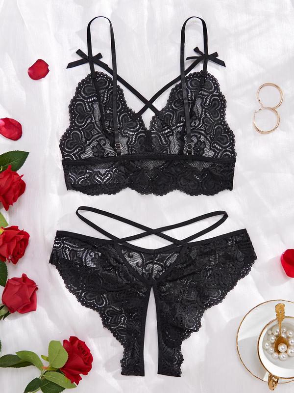 Women's Criss Cross Sheer Lace Sexy Lingerie Two-piece Set, Sexy Solid Color Bow Front Bra & Cut Out Thong Set, Soft Comfy Breathable Lingerie Set for Women